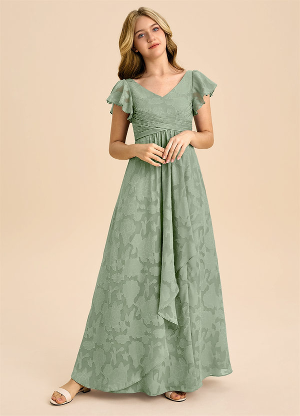 Azazie Omari Junior Dusty Sage A-Line Pleated Floral Burnout Dress image1