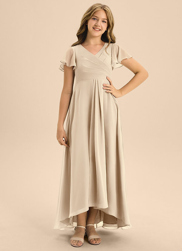 Azazie Induh Junior A-Linie Plissee Chiffon Kleid Champagner image1