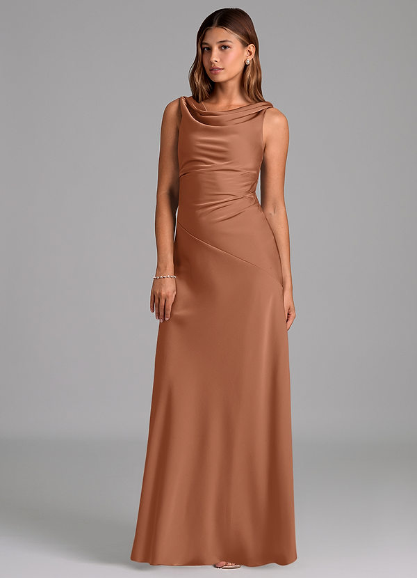 Azazie Nerine Bridesmaid Dresses Bronzer A-Line Pleated Stretch Satin Dress image1