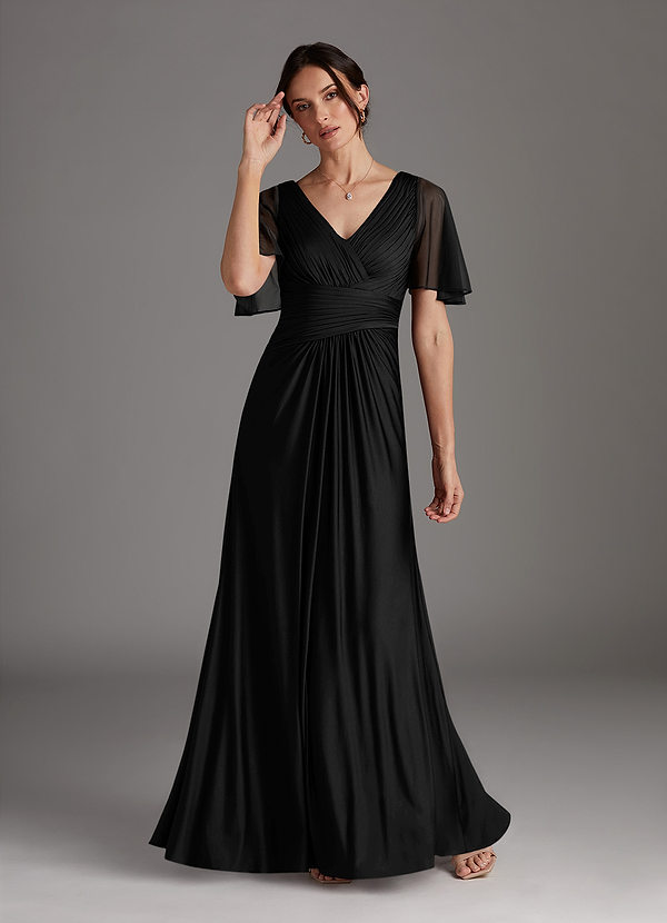 Azazie Sicily Brautmutterkleider A-Linie Plissee Jersey Kleid Schwarz image1