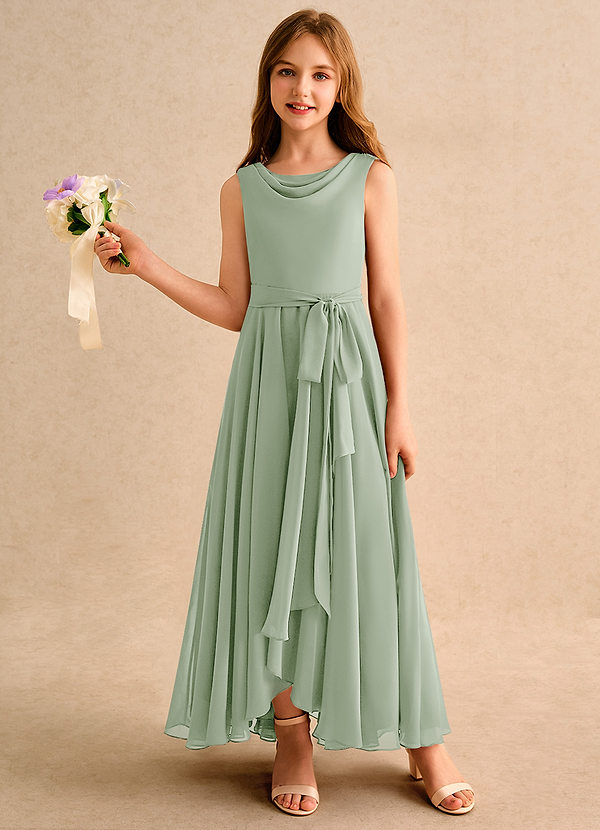 Azazie Wonderland Junior Formal Robes de Fillette d'Honneur Robe Trapèze en Mousseline de soie Plissée Vert Sauge image1
