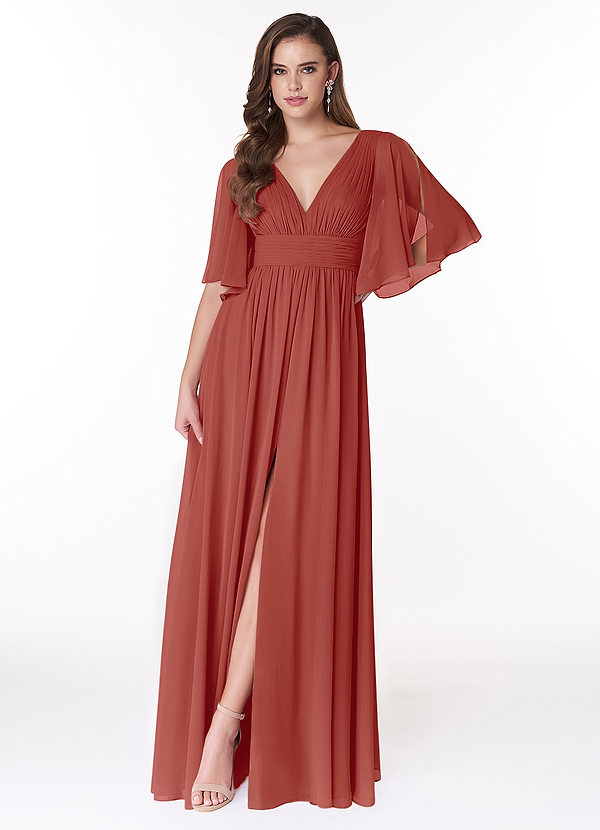 Azazie Temeka Robes Demoiselle d'honneur Robe Trapèze en Mousseline de soie Rayé Terracotta image1