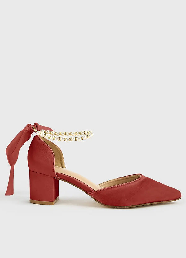 front Matching Color Matte Satin Pearl and Bow Pointed Toe Block Heels