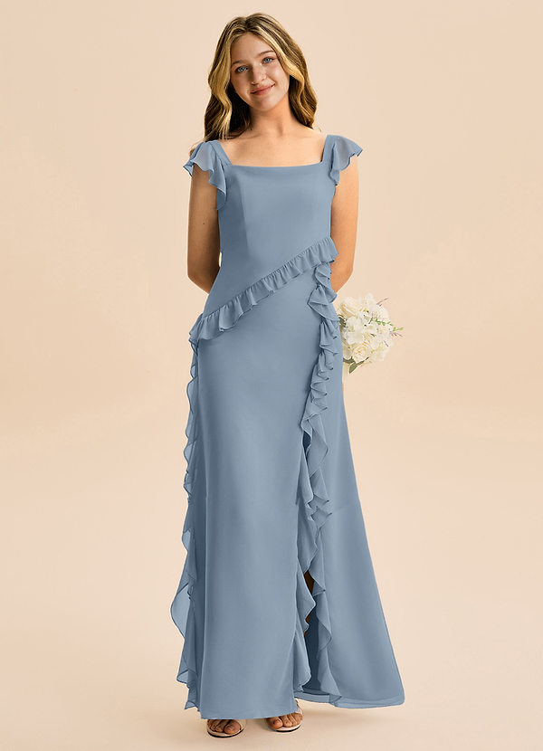 Azazie Aveline Junior Vestido Azul Empoeirado de Chiffon de Linha A com Ruched image1