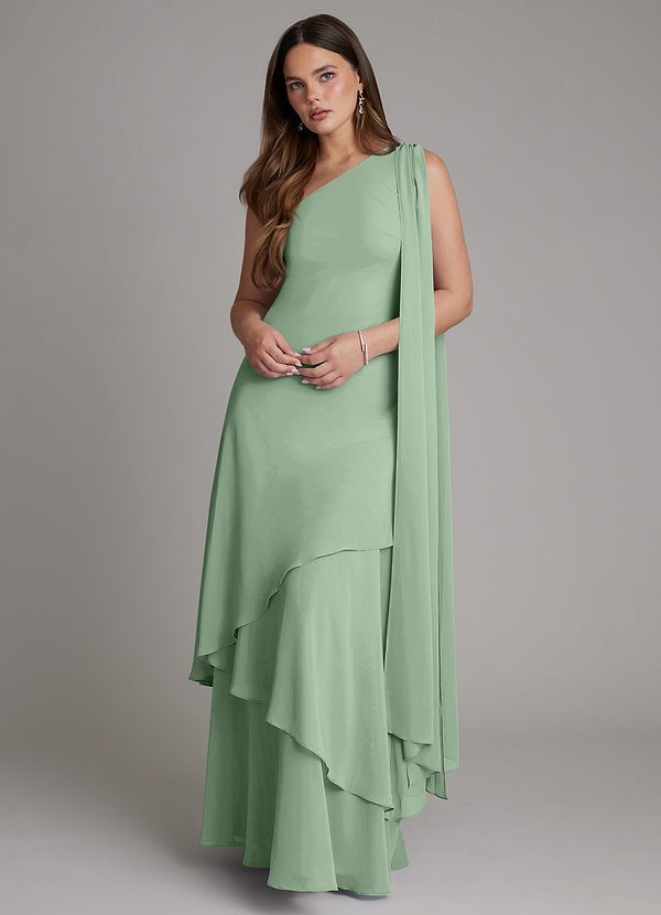 Azazie Monique Vestidos Dama de Honor Vestido de Matcha de Gasa de Corte en A con Hombro unilateral image1