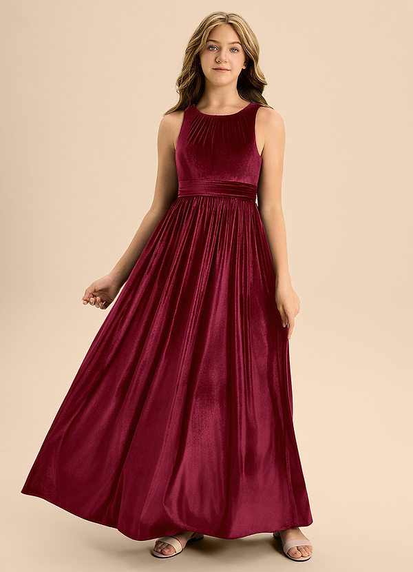 Azazie Jaylah Junior Burgundy A-Line Pleated Velvet Dress image1