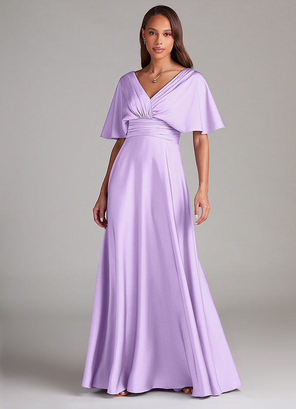Azazie Pamela Robes Demoiselle d'honneur Robe Trapèze en Satin extensible Plissée Lilas image1