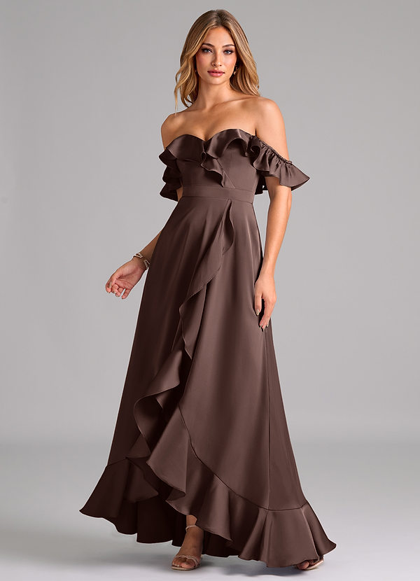 Azazie Lyra Bridesmaid Dresses Ganache A-Line Off the Shoulder Stretch Satin Convertible Dress image1