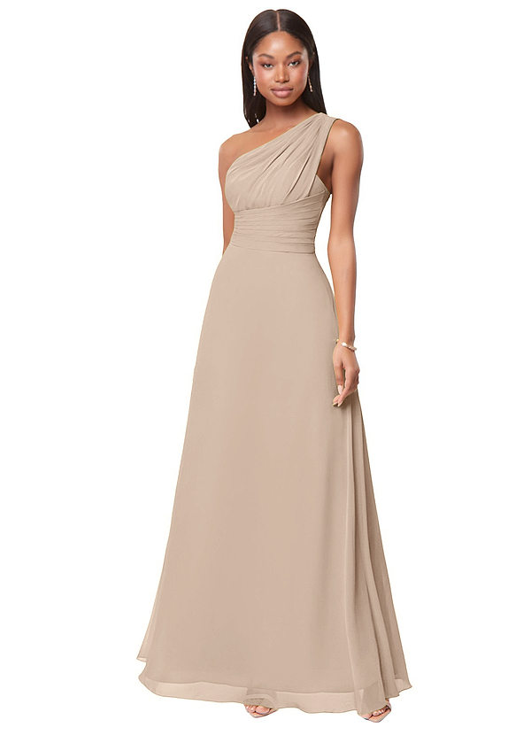 Azazie Ashley Bridesmaid Dresses Taupe A-Line Ruched Chiffon Dress image1