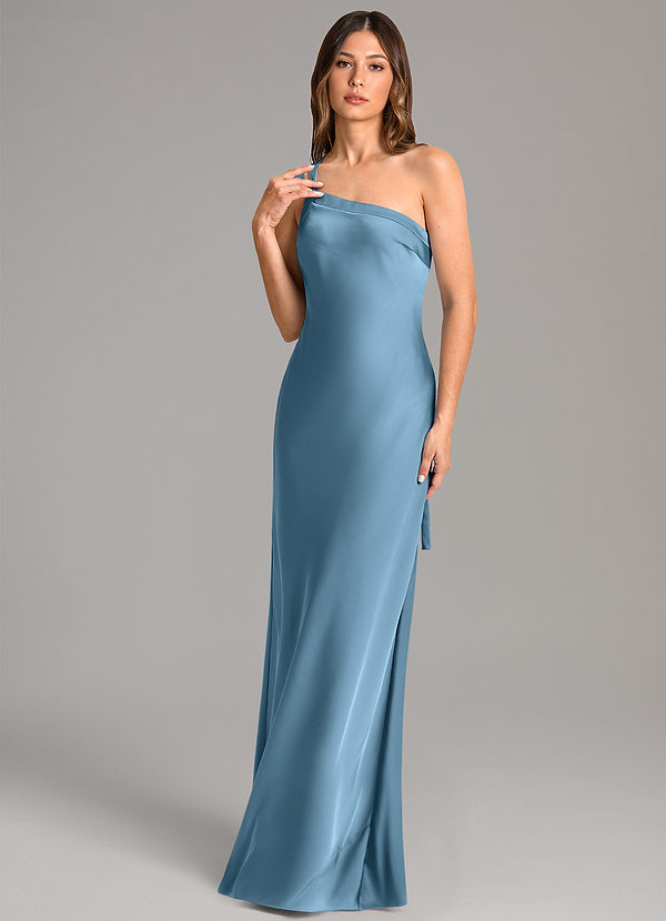 Azazie Monroe Brudtärneklänningar Klä av Sjöjungfru i Stretch Satin Ena axeln Stålblå image1