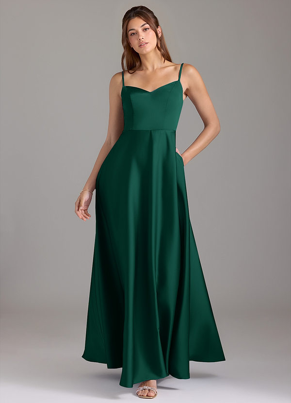 Azazie Marley Bridesmaid Dresses Emerald A-Line Off the Shoulder Stretch Satin Convertible Dress image1