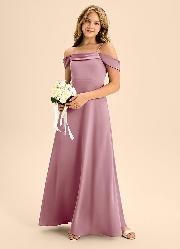 Azazie Anselie Junior Vintage Mauve A-Line Off the Shoulder Stretch Satin Dress image1