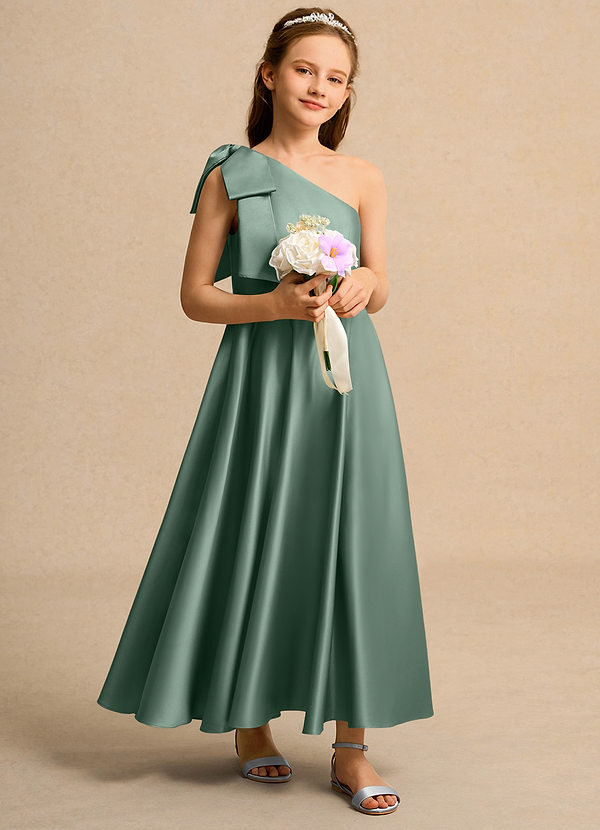 Azazie Guppy Junior Formal Vestidos de Niña de Flores Vestido de Eucalipto de Satin Mate de Corte En A con Hombro unilateral image1