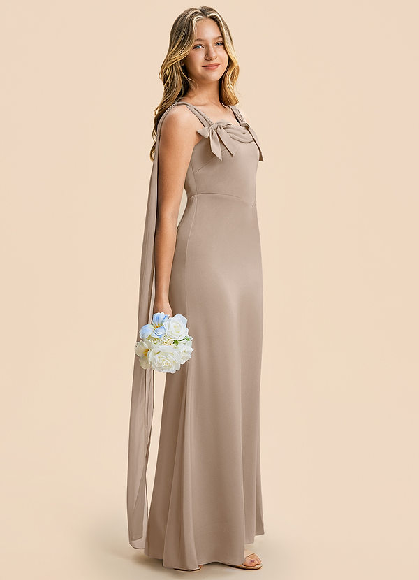 Azazie Chelsea Junior Taupe Sheath Pleated Stretch Satin Dress image1