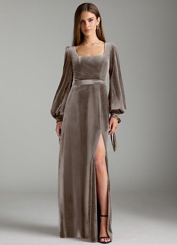 Azazie Leonia Robes Demoiselle d'honneur Robe Trapèze en velours Manche longue Taupe Argenté image1