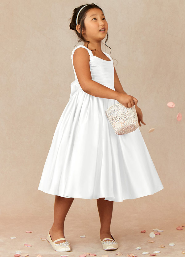 Azazie Cutie Pie Flower Girl Dresses Diamond White A-Line Pleated Matte Satin Dress image1