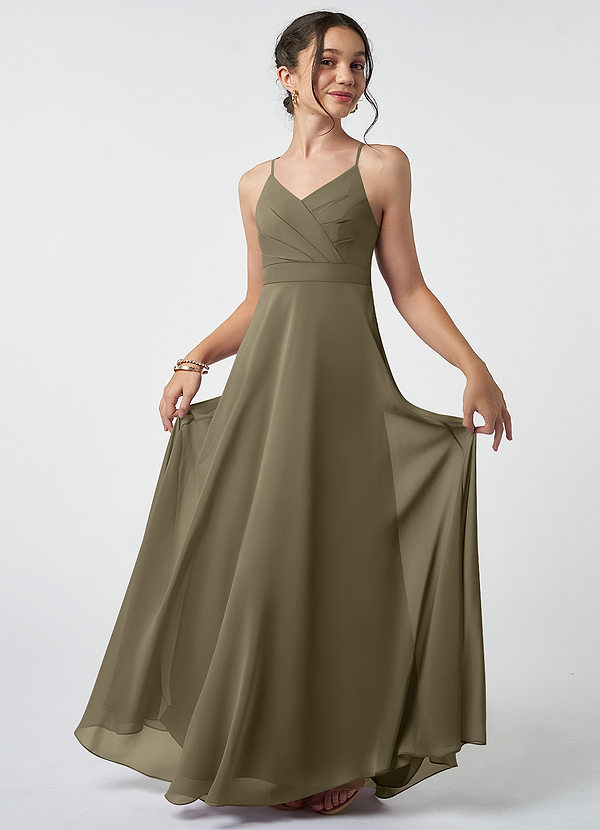 Azazie Avelina Junior Willow Green A-Line Pleated Chiffon Dress image1