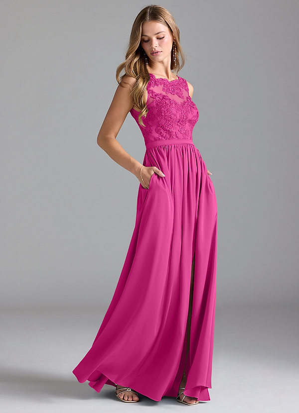 Azazie Elly Bridesmaid Dresses Fuchsia A-Line Lace Stretch Satin Dress image1