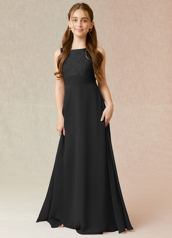 Azazie Snow Junior Black A-Line Lace Chiffon Dress image1