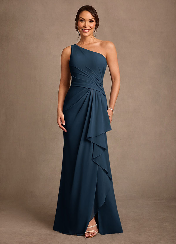 Azazie Floy Jurken voor de moeder van de bruid Kolom Jurk van Chiffon One-shoulder Donkere Marine image1