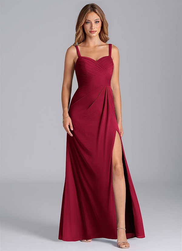 Azazie Micky Bridesmaid Dresses Burgundy A-Line Pleated Mesh Dress image1