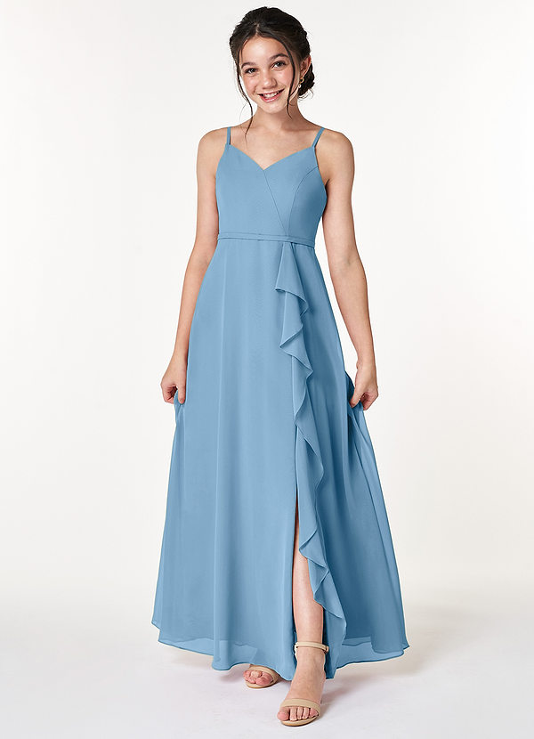 Azazie Naeem Junior Steel Blue A-Line Ruched Chiffon Dress image1