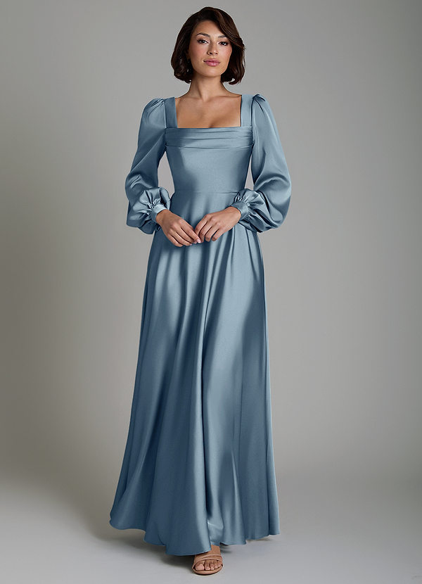 Azazie Solana Bridesmaid Dresses Dusty Blue A-Line Long Sleeve Stretch Satin Dress image1