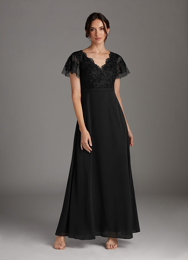 Azazie Singer Mother of the Brides Dresses Black A-Line V-Neck Lace Chiffon Dress image1