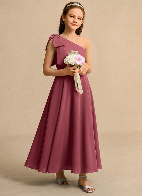 Azazie Guppy Girls Formal Flower Girl Dresses Merlot A-Line One Shoulder Chiffon Dress image1