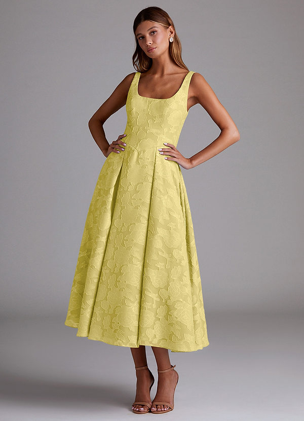 Azazie Amalie Brautjungfernkleider A-Linie Plissee Blumen-Burnout Kleid Kanarienvogel image1