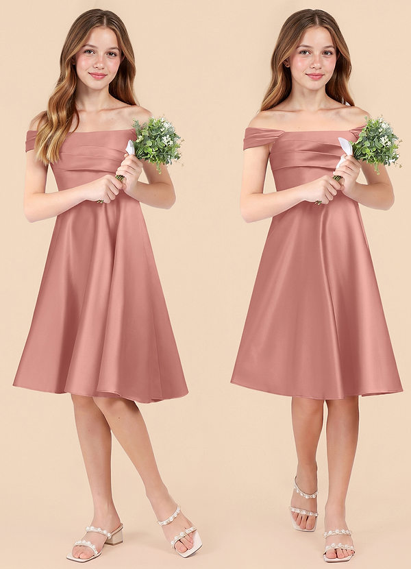 Azazie Amira Junior Rosette A-Line Pleated Stretch Satin Dress image1