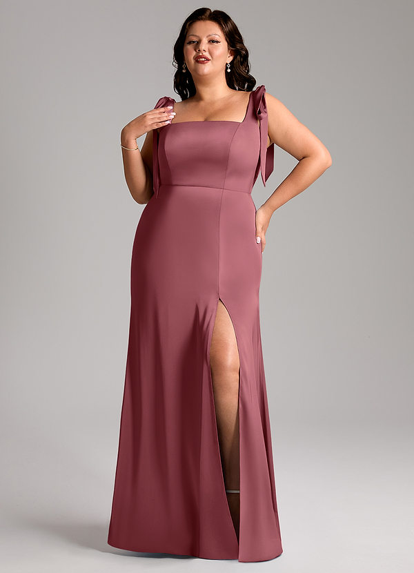 Azazie Frostine Vestidos Dama de Honor Vestido de Rosa Del Desierto de Satén Elástico de Corte en A con Lazo image1
