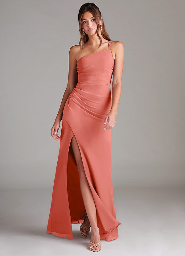 Azazie Eren Vestidos Dama de Honor Vestido de Rosa Salmón de Gasa de Corte Recto con Hombro unilateral image1