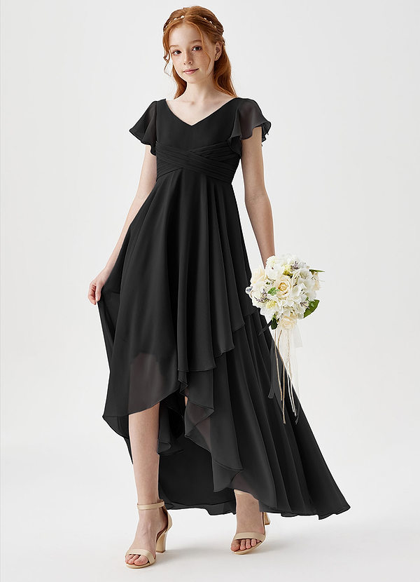 Azazie Caria Junior Black A-Line Pleated Chiffon Dress image1