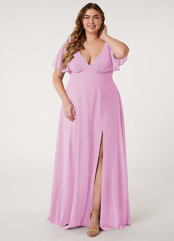 Azazie Kimber Bridesmaid Dresses Candy Pink A-Line Flounce Sleeve Chiffon Dress image1