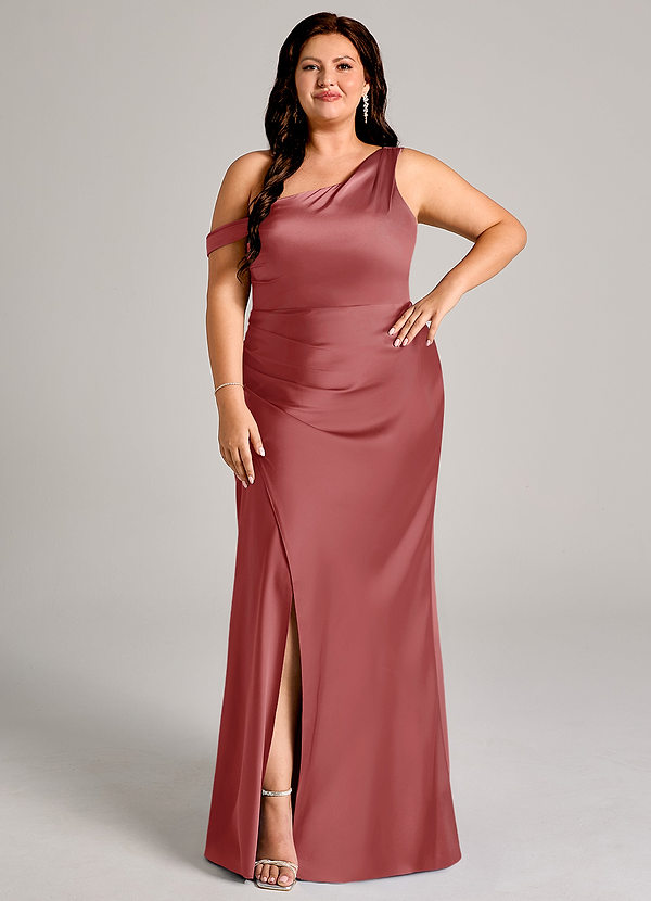 Azazie Madelyn Vestidos Dama de Honor Vestido de Rosa Antigua de Satén Elástico de Corte Sirena Convertible con Hombro unilateral image1