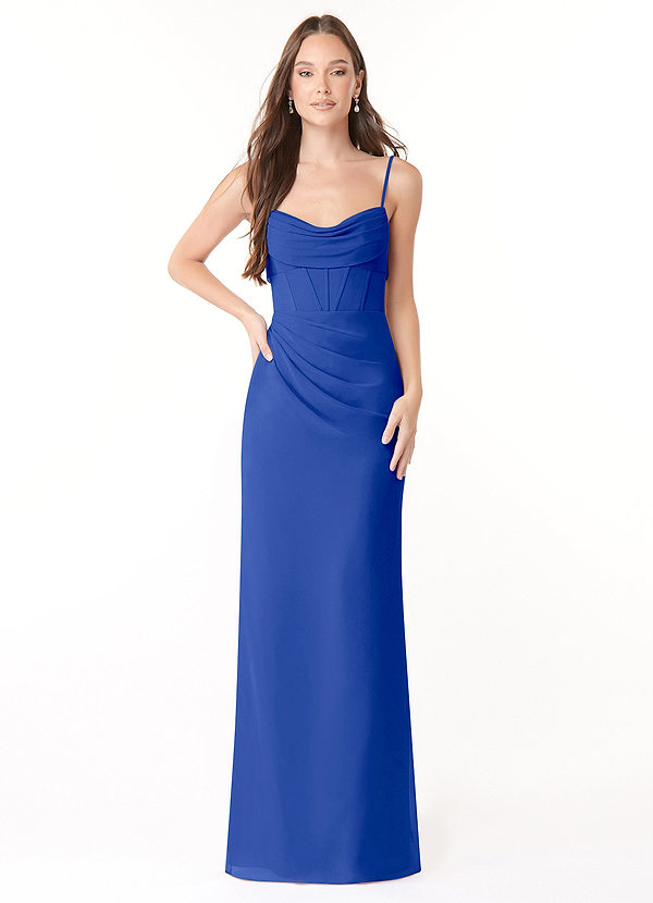 Azazie Mai Bridesmaid Dresses Royal Blue Sheath Pleated Chiffon Dress image1
