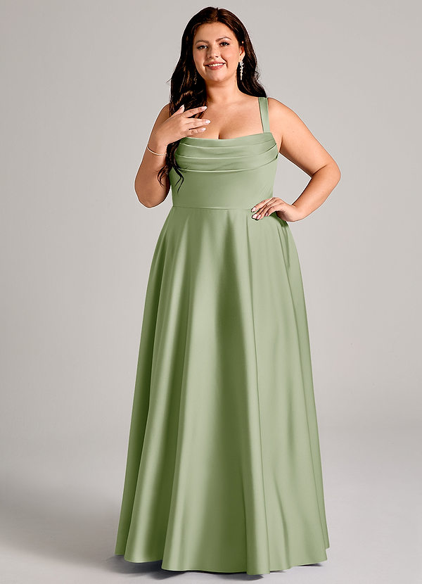 Azazie Shaude Brudtärneklänningar Klä av A-Linje i Stretch Satin Plisserad Dusty Sage image1