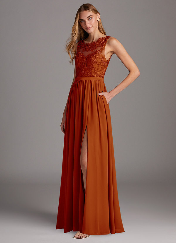 Azazie Elly Bridesmaid Dresses Paprika A-Line Lace Scoop Neck Chiffon Dress image1