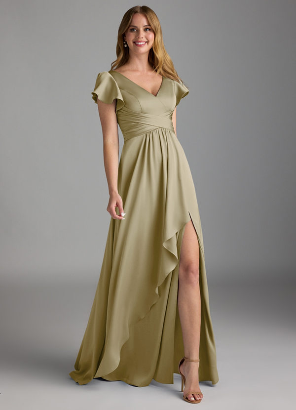 Azazie Omari Bruidsmeisjes Jurken Jurk van Stretch Satijn met A-Lijn Mosgroen image1