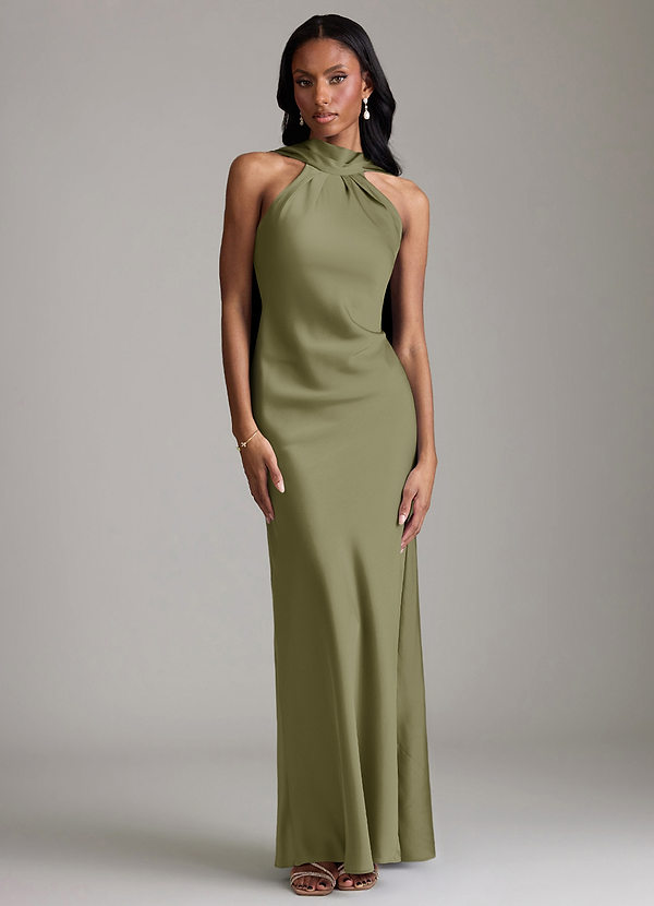 Azazie Cassiana Bruidsmeisjes Jurken Jurk van Stretch Satijn met Zeemeermin Geplooid Pistache image1