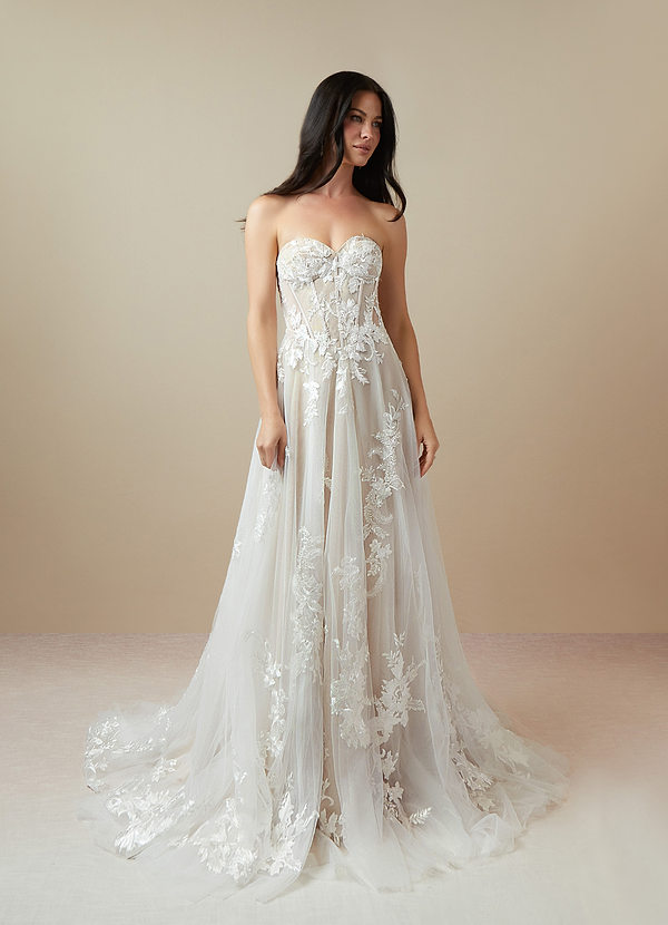 Azazie Aurorie Wedding Dresses A-Line Sequins Tulle Chapel Train Dress image1
