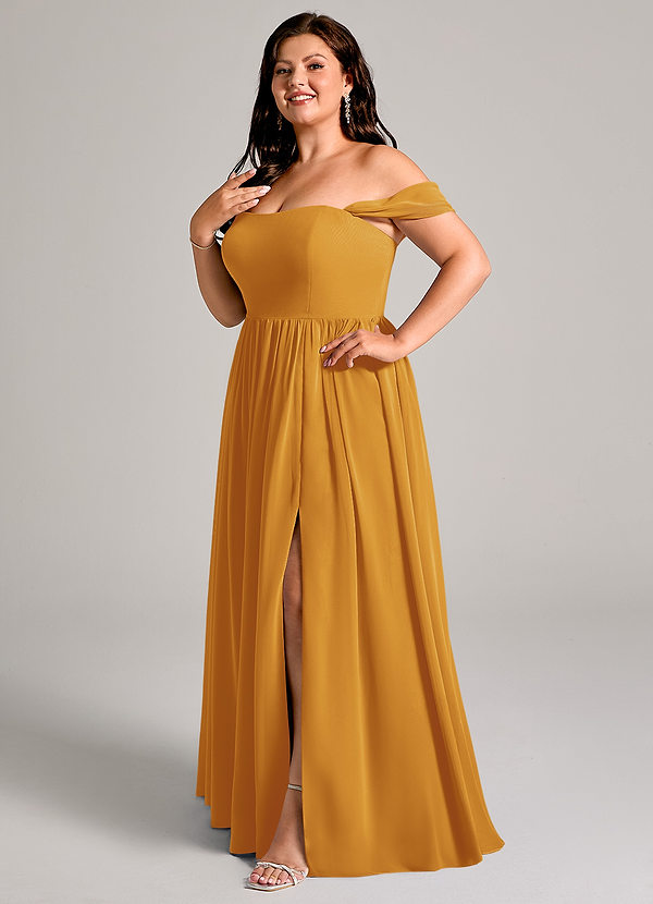 Azazie Calianna Bridesmaid Dresses Butterscotch A-Line Off the Shoulder Chiffon Convertible Dress image1
