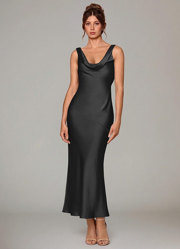 Azazie Rylina 신부 들러리 드레스 인어 주름진 스트레치 새틴 발목 길이 드레스 image1