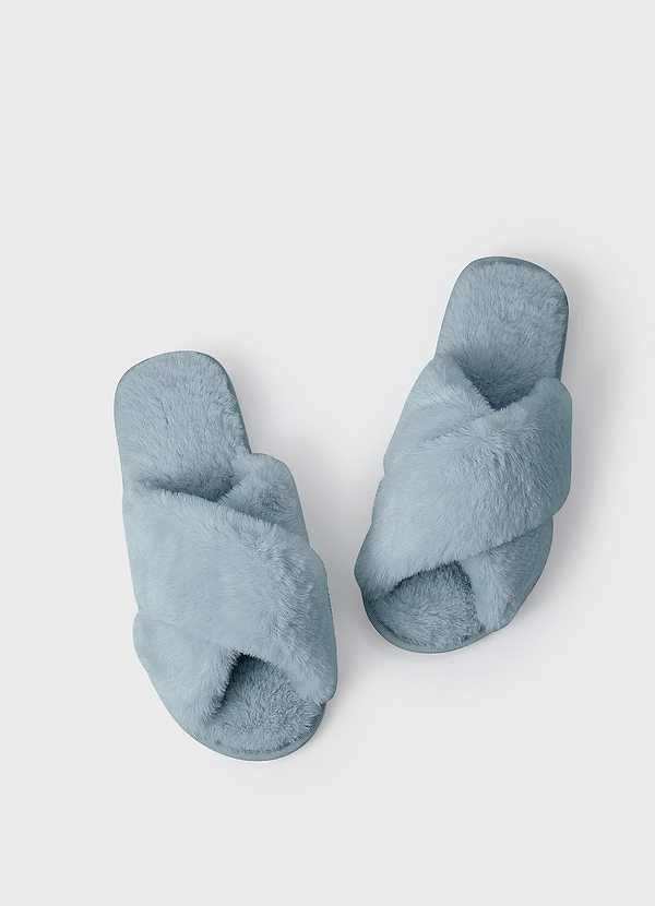front Dusty Blue Cross Strap Fuzzy Slippers