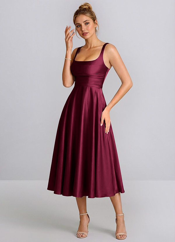 Ines Burgundy Square Neck Satin Lace-Up A-Line Midi Dress image1