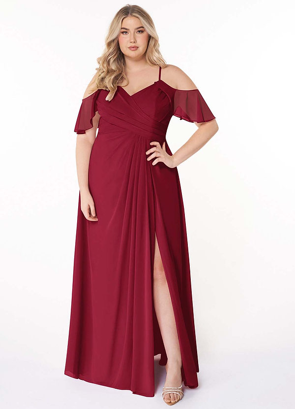 Azazie Dakota Bridesmaid Dresses Burgundy A-Line V-Neck Pleated Chiffon Dress image1
