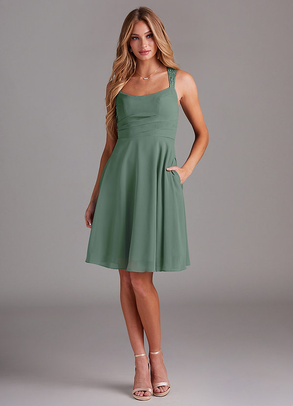 Azazie Vina Bridesmaid Dresses Eucalyptus A-Line Lace Chiffon Dress image1