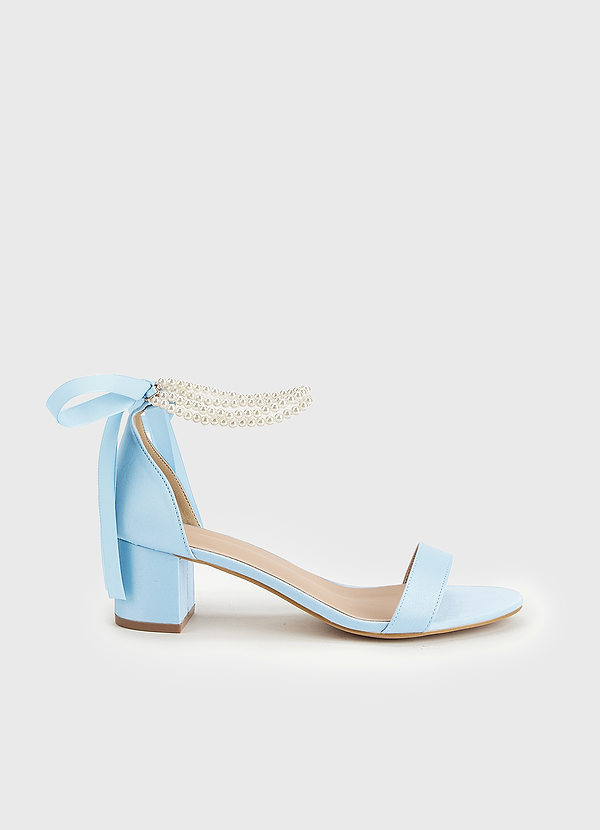 front Matching Color Matte Satin Pearl and Bow Open Toe Chunky Heel Sandals