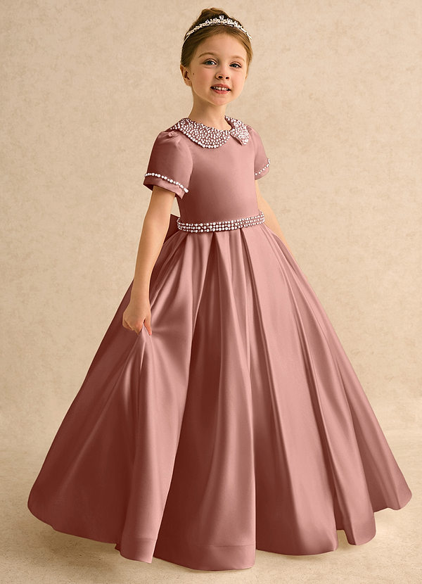 Azazie Gabriella Flower Girl Dresses Cedar Rose Ball-Gown with Sleeves Matte Satin Dress image1